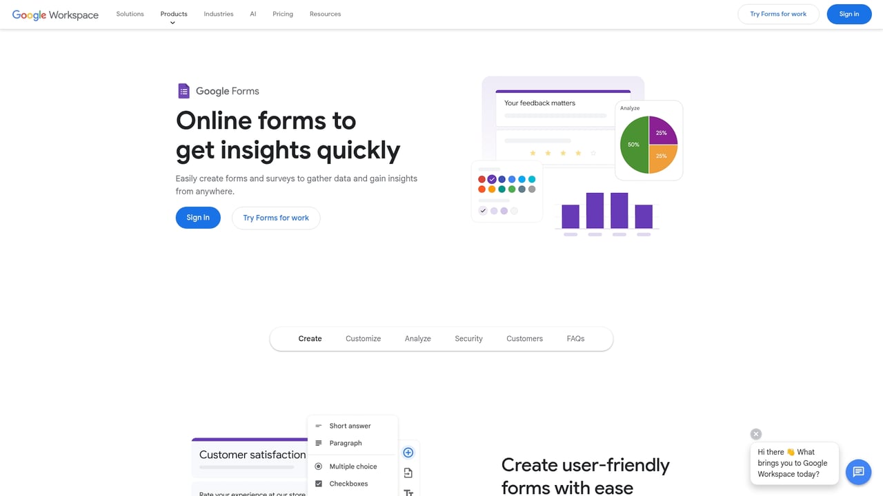 Screenshot of Google Forms website