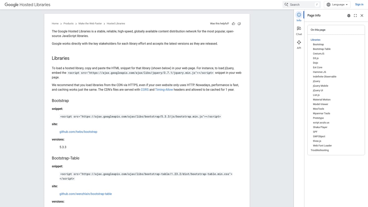 Screenshot of Google Hosted Libraries website
