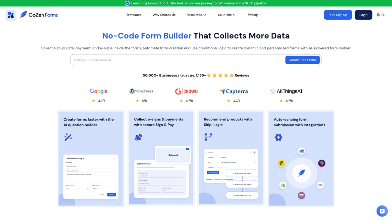 Screenshot of GoZen Forms website