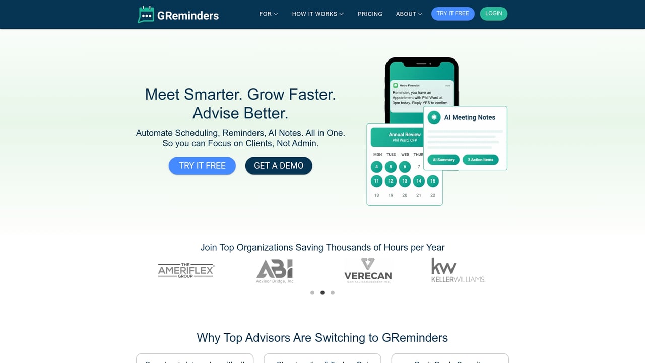 Screenshot of GReminders website