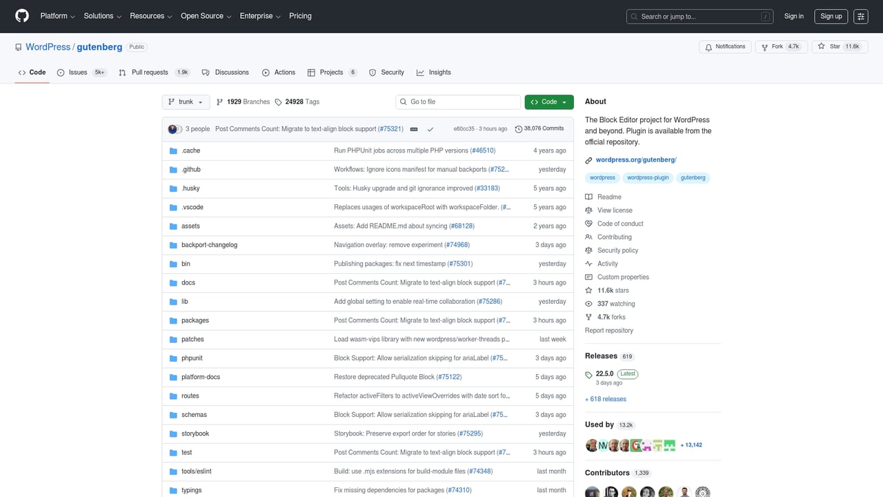 Screenshot of Gutenberg website
