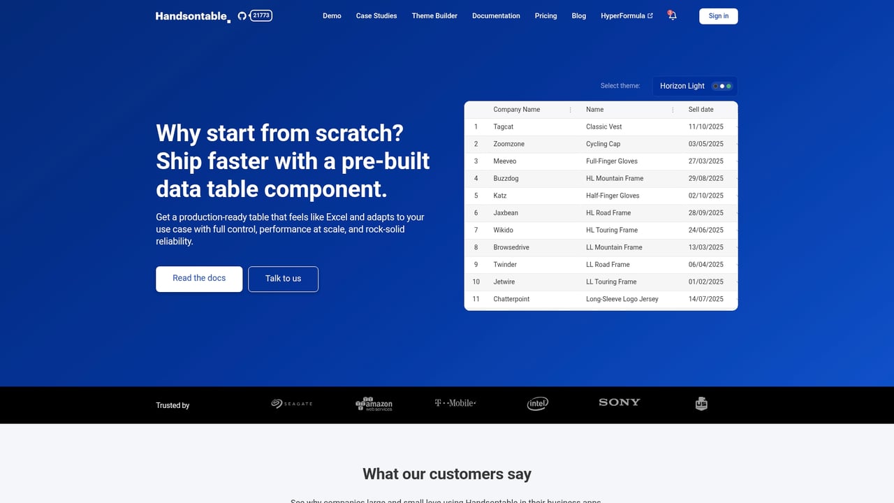 Screenshot of Handsontable website