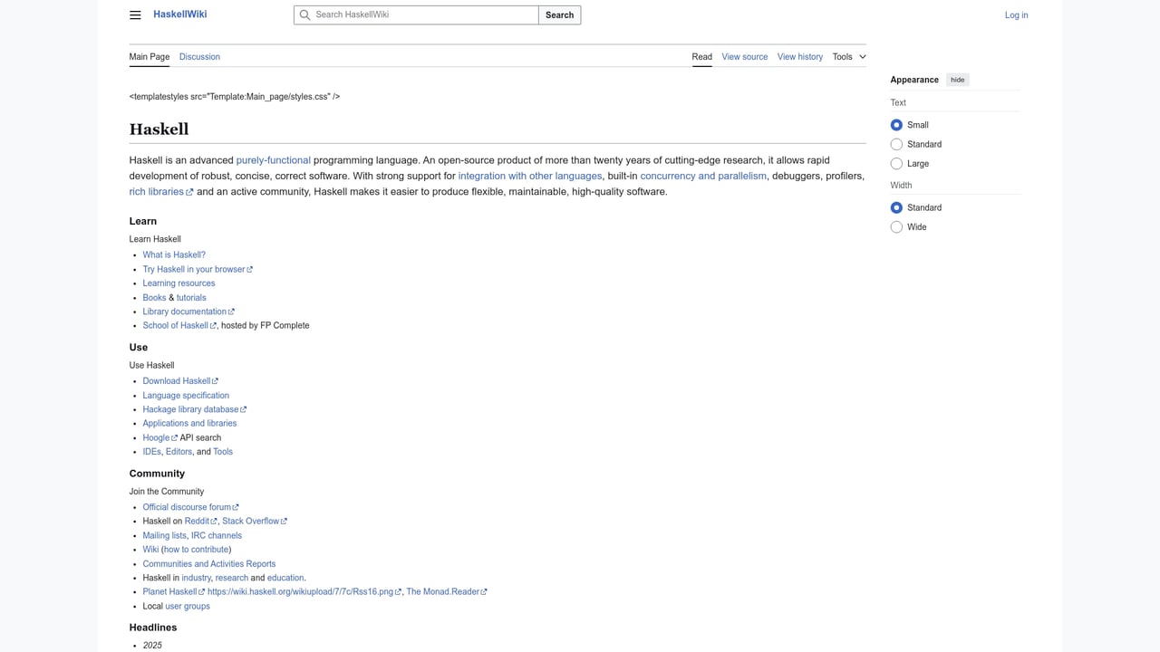 Screenshot of Haskell website