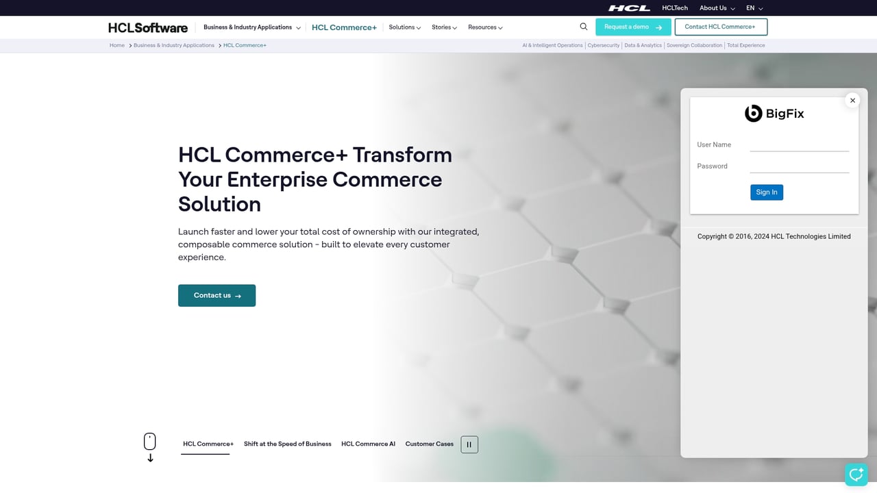 Screenshot of HCL Commerce website