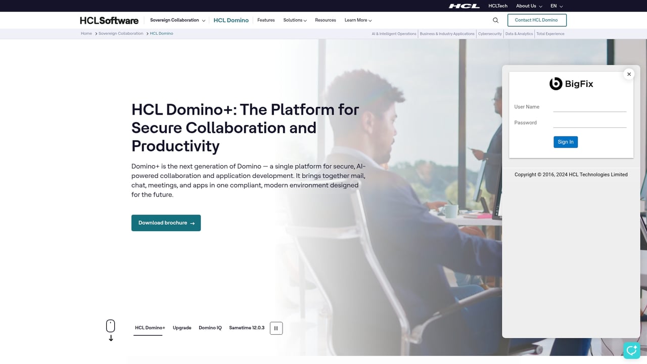 Screenshot of HCL Domino website