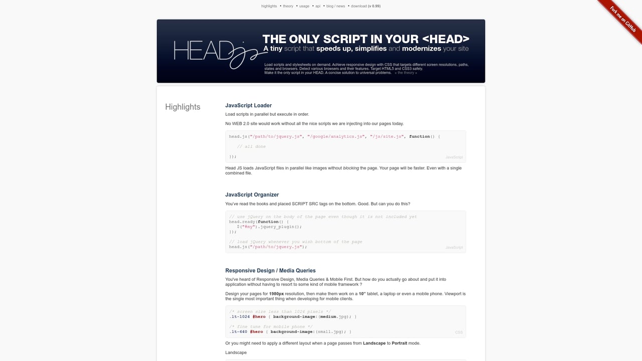 Screenshot of HeadJS website