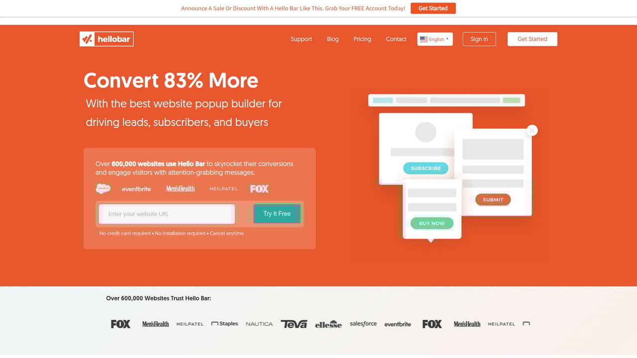 Screenshot of Hello Bar website