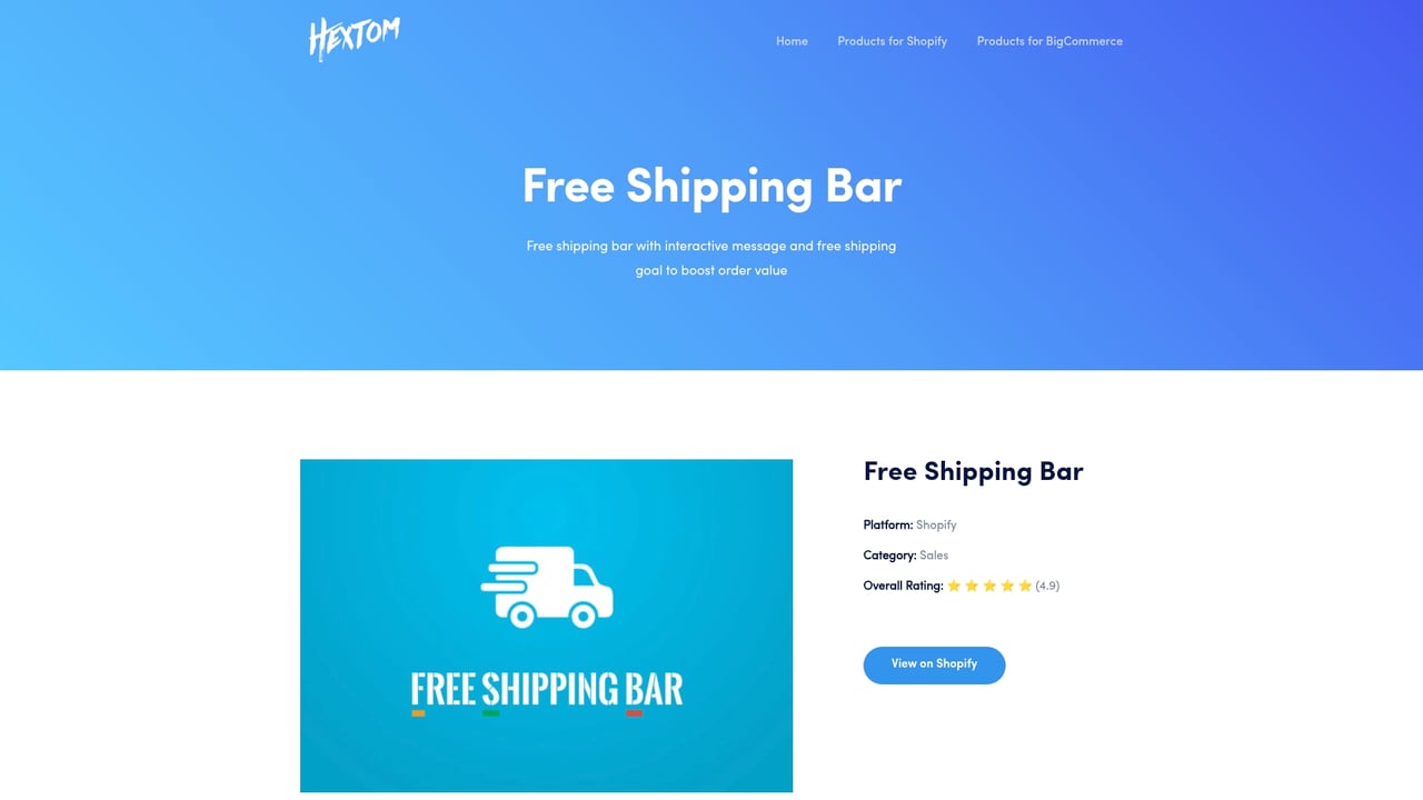 Screenshot of Hextom Free Shipping Bar website