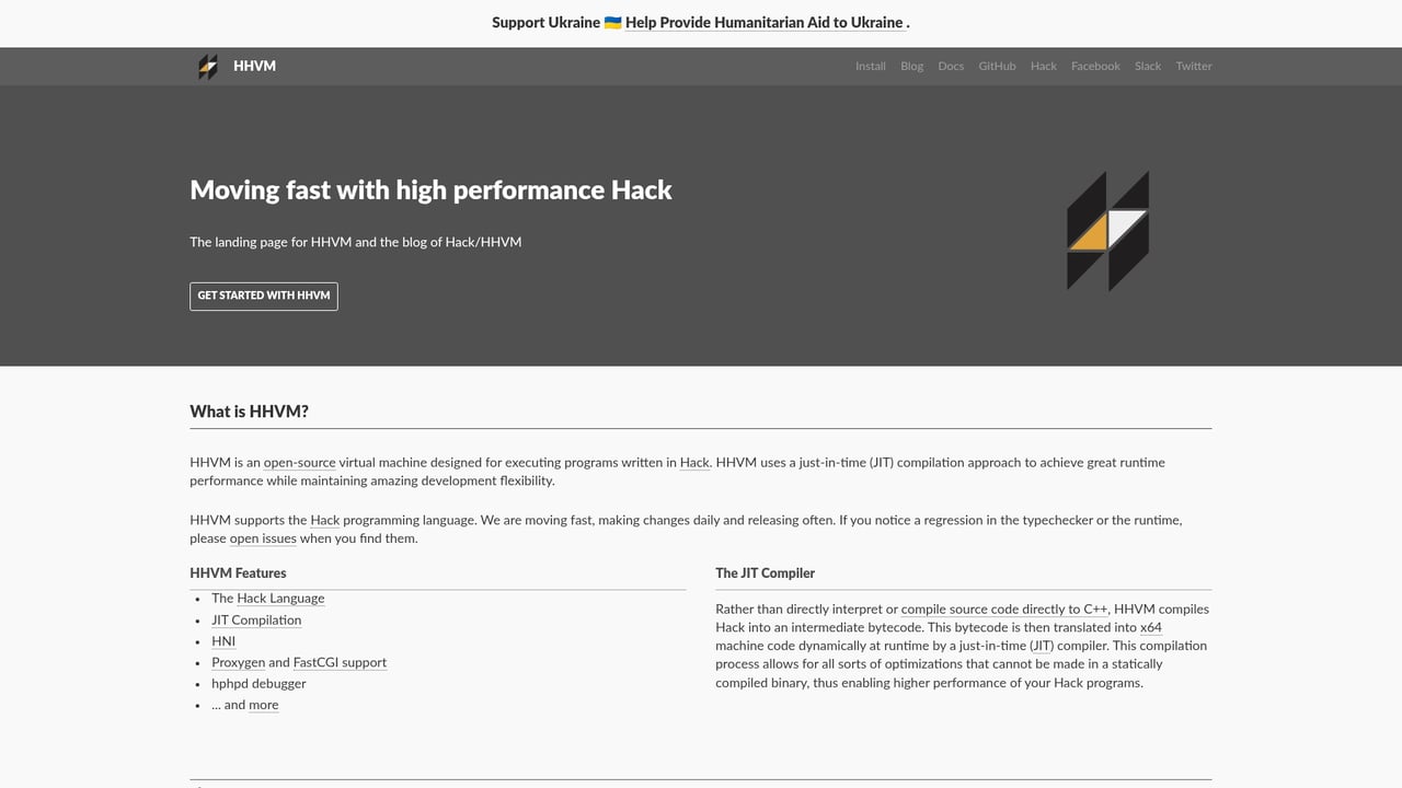 Screenshot of HHVM website