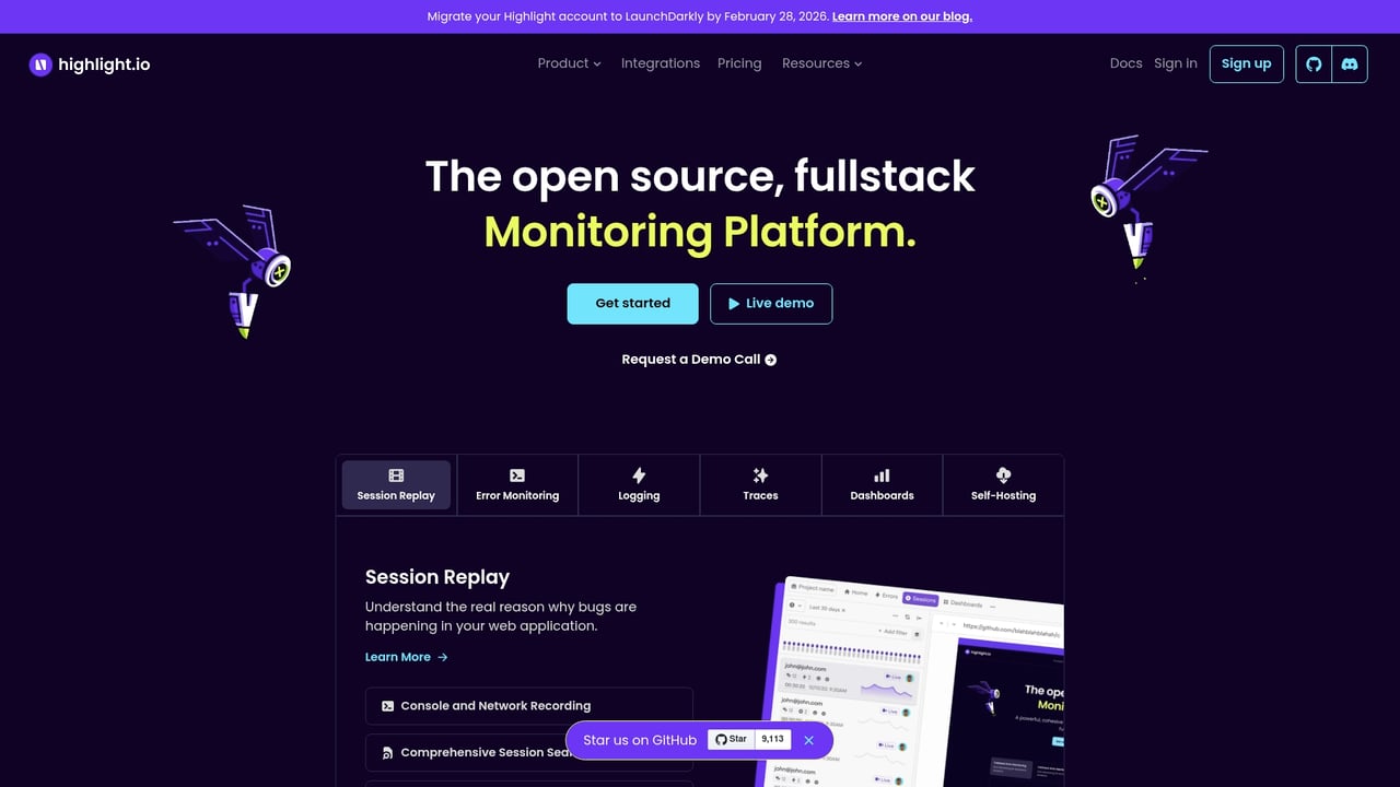 Screenshot of Highlight.io website