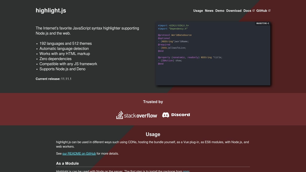 Screenshot of Highlight.js website