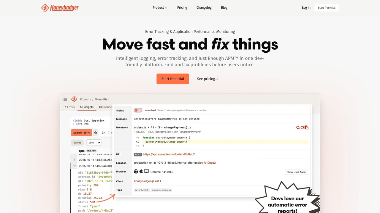 Screenshot of Honeybadger website