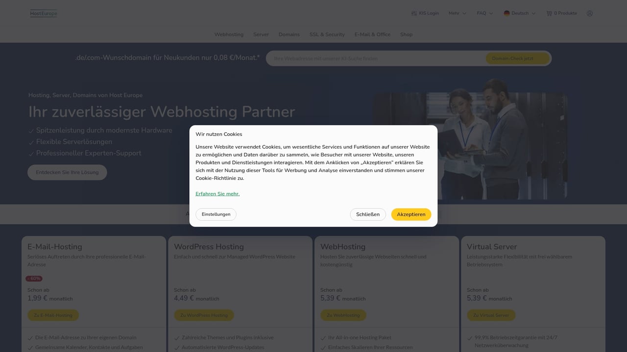 Screenshot of HostEurope website
