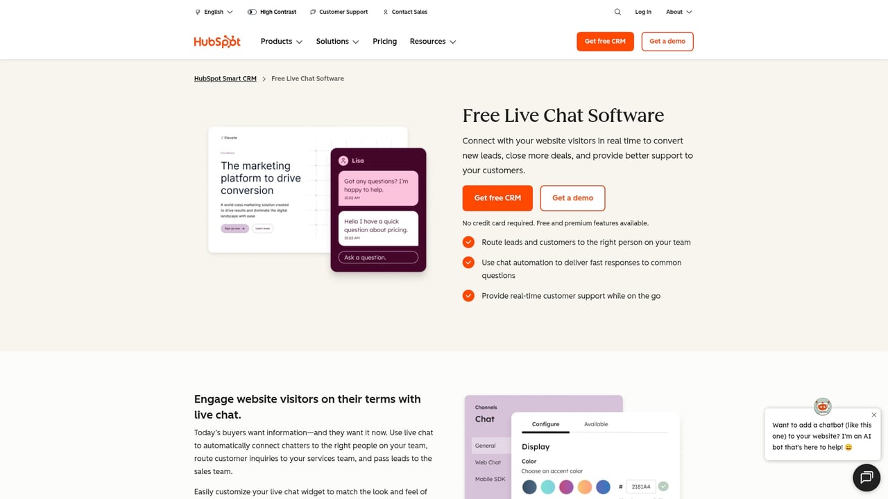 Screenshot of HubSpot Chat website