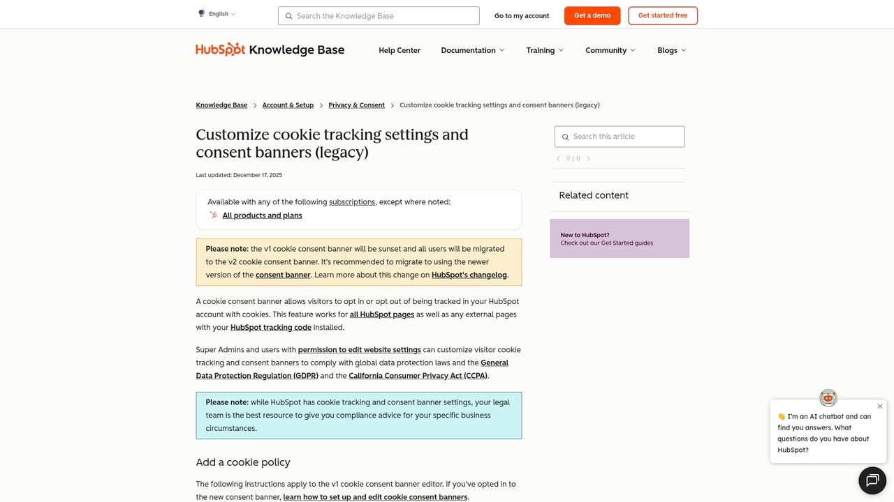 Screenshot of HubSpot Cookie Policy Banner website