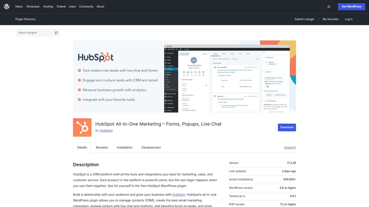 Screenshot of HubSpot WordPress plugin website
