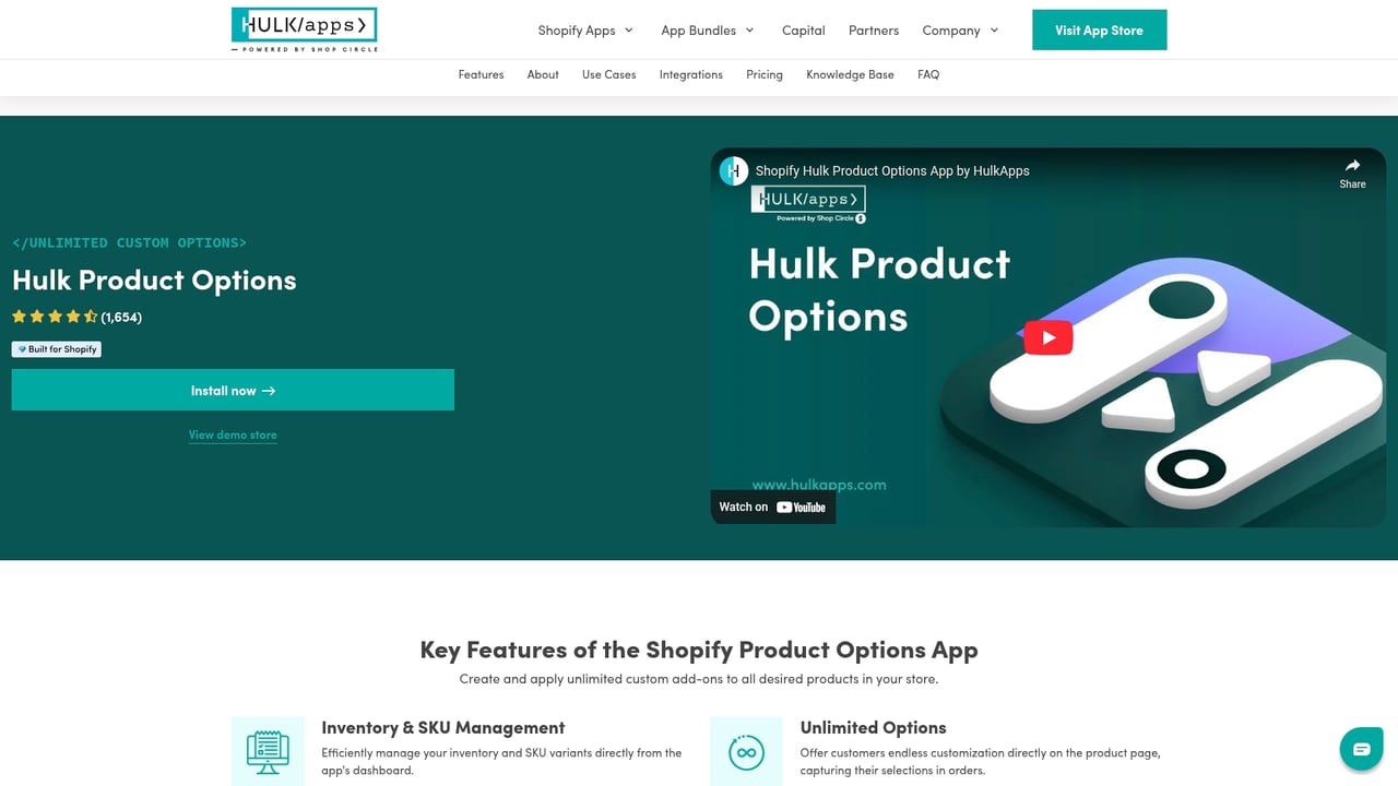 Screenshot of HulkApps Infinite Product Options website