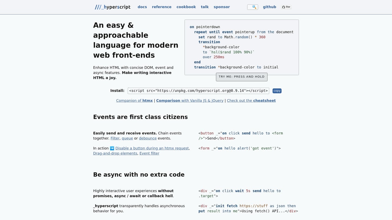 Screenshot of _hyperscript  website