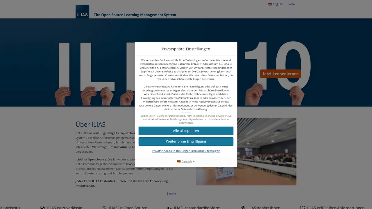 Screenshot of Ilias website