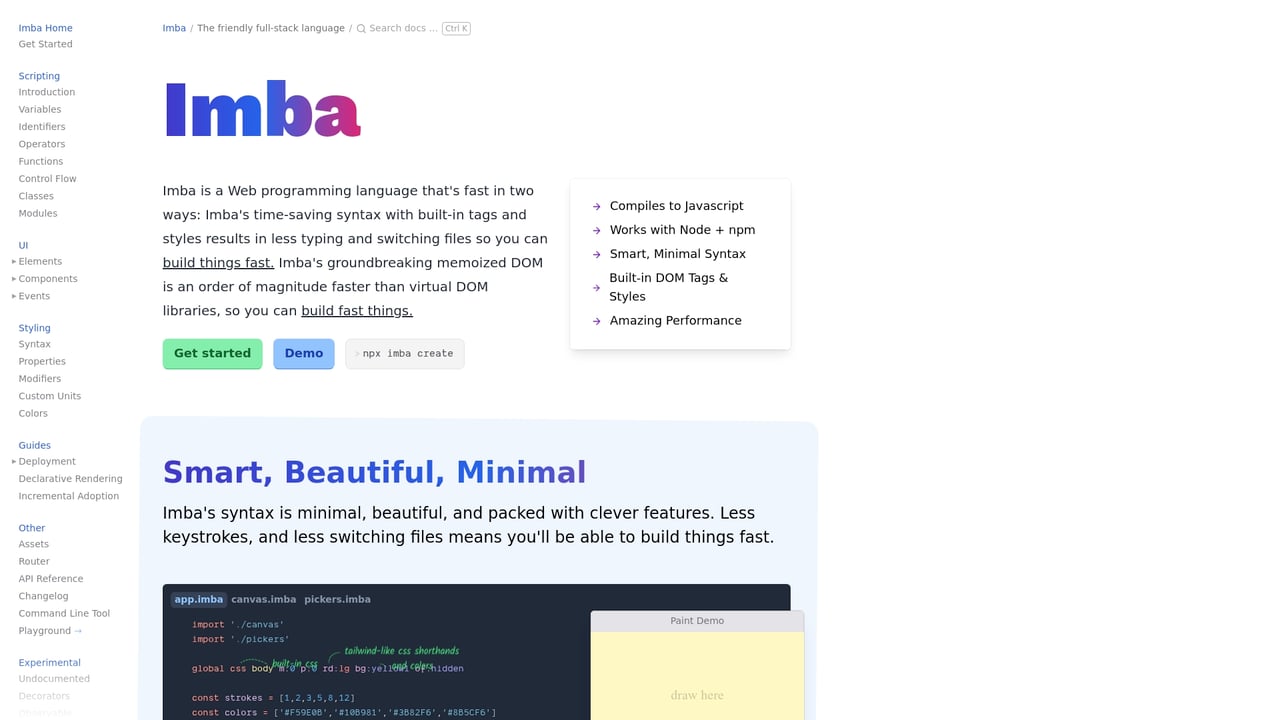 Screenshot of Imba website