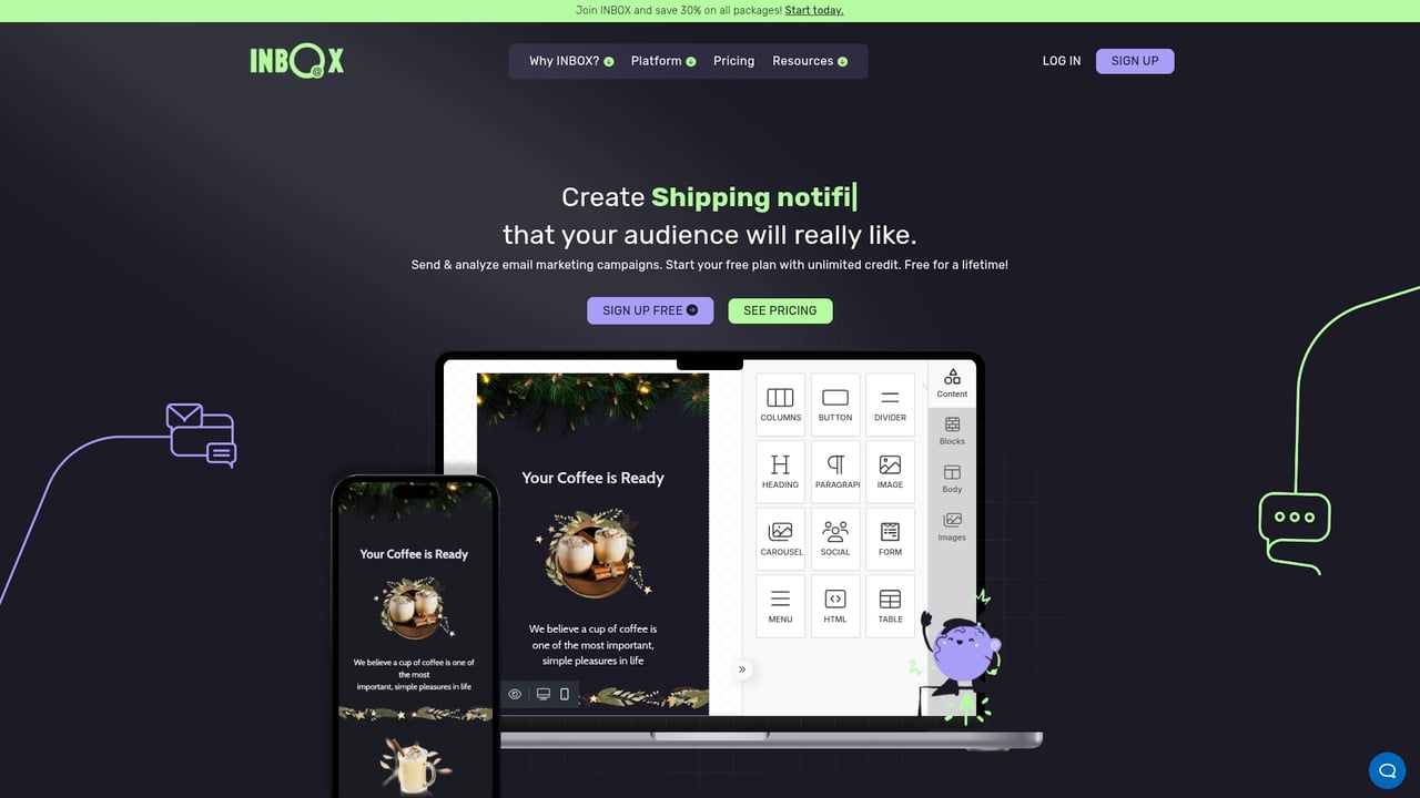 Screenshot of INBOX website