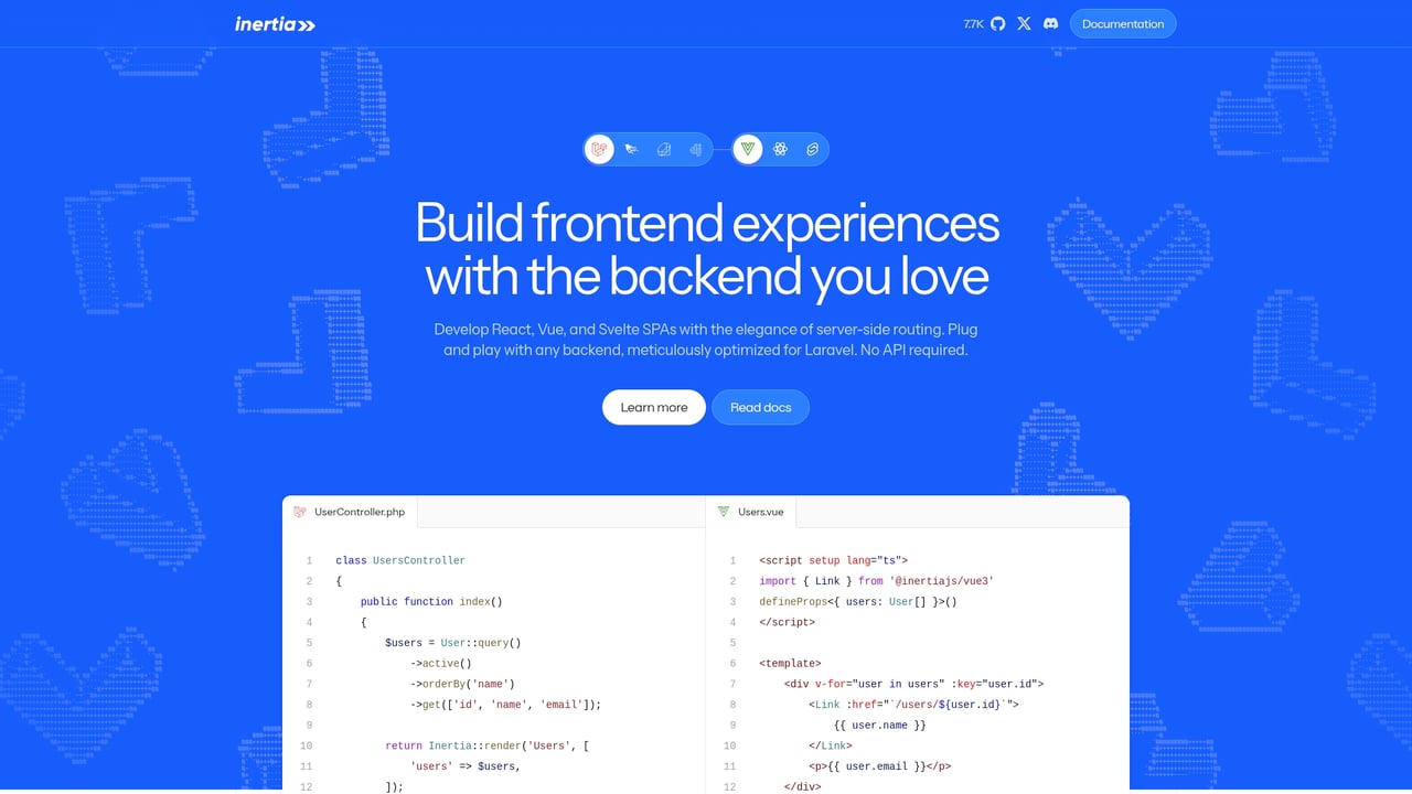 Screenshot of Inertia.js website