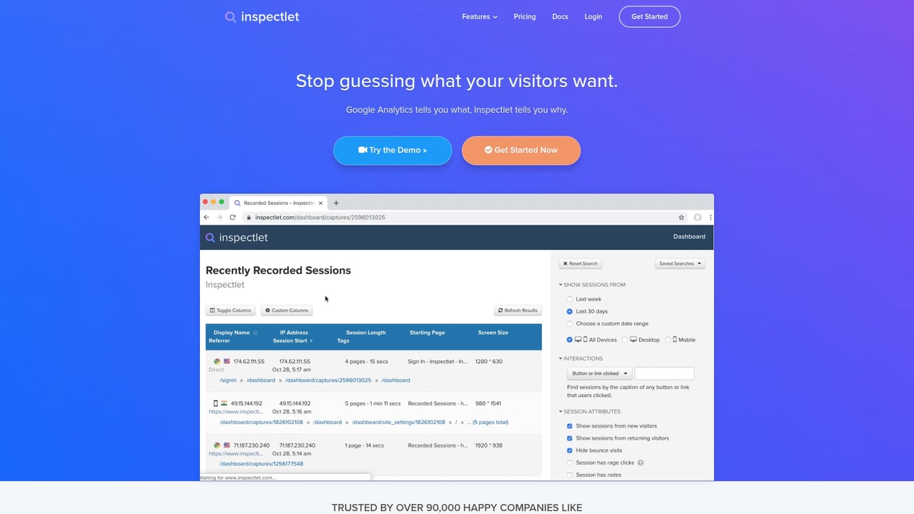 Screenshot of Inspectlet website