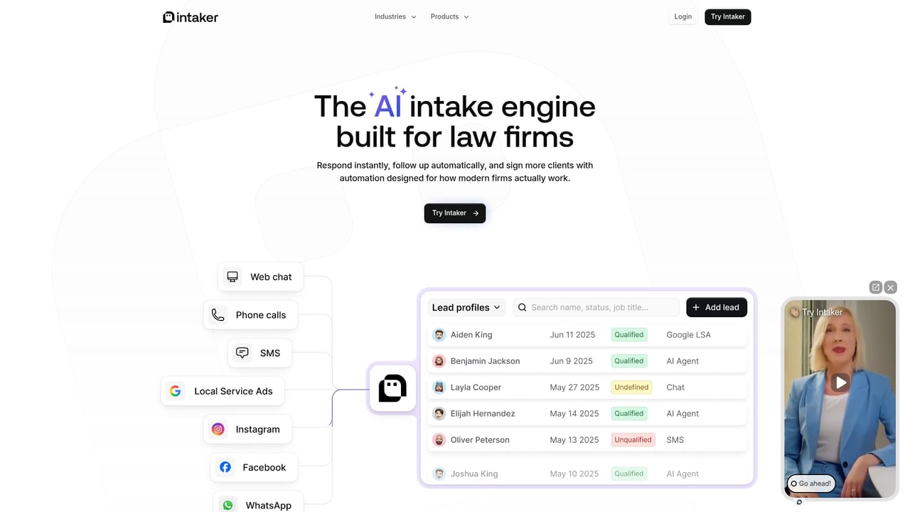 Screenshot of Intaker website