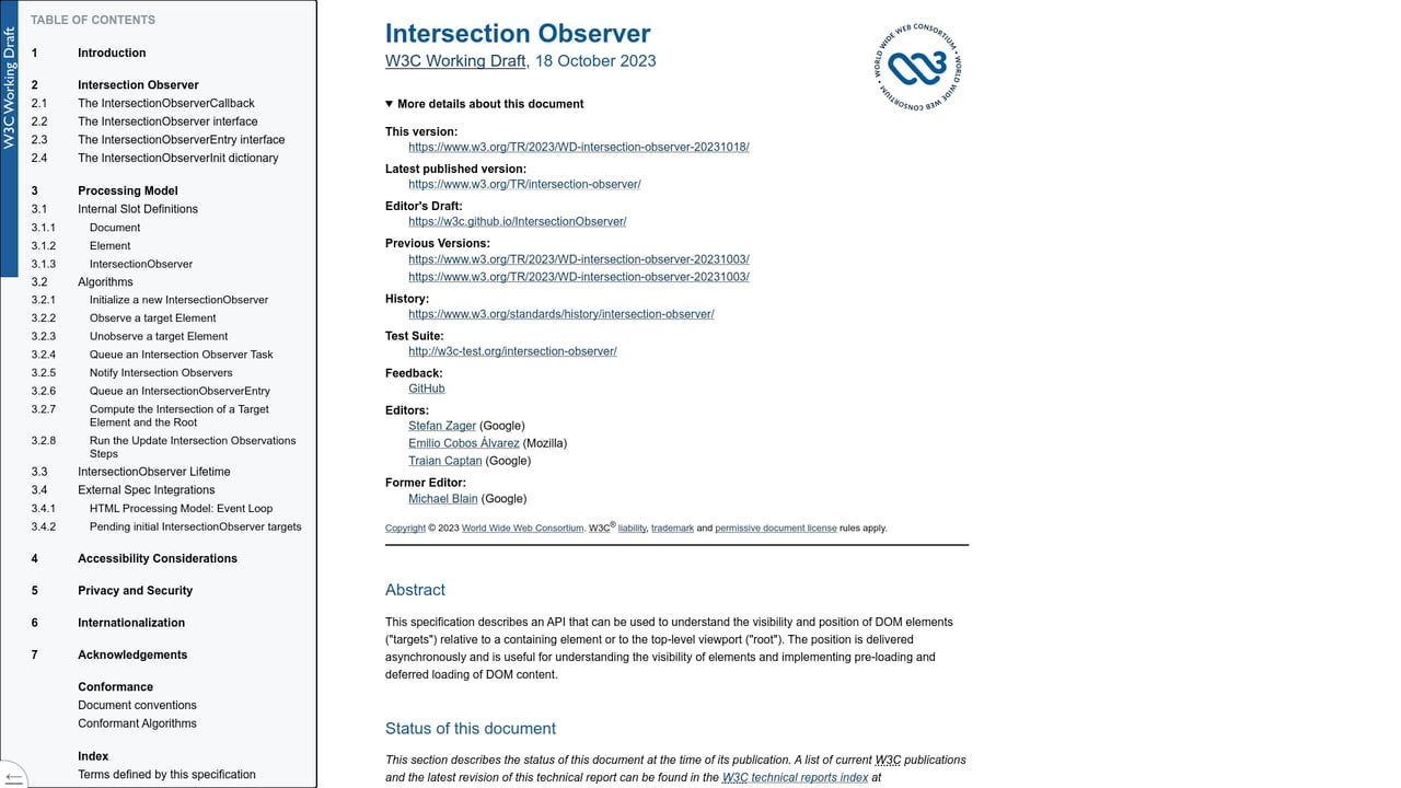 Screenshot of Intersection Observer website