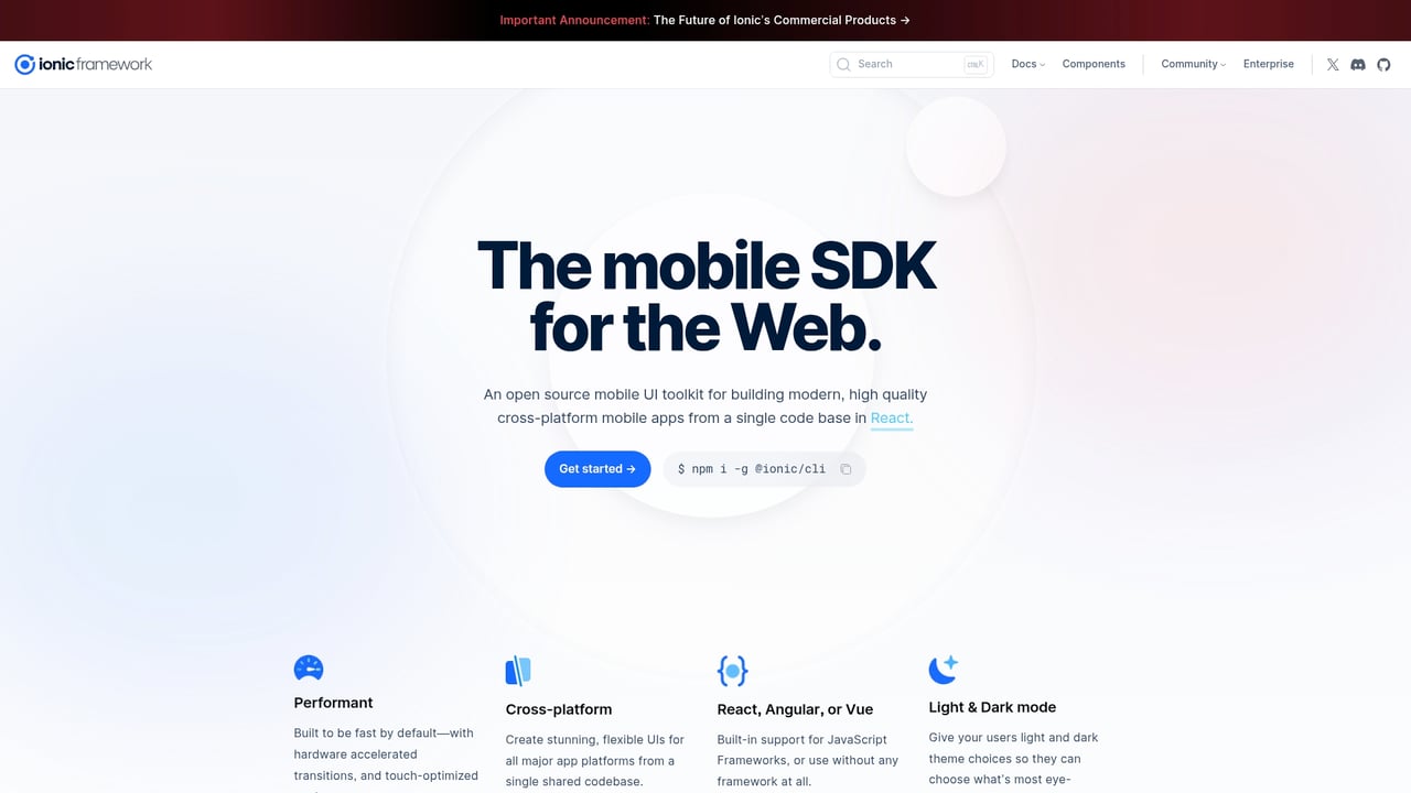 Screenshot of Ionic website