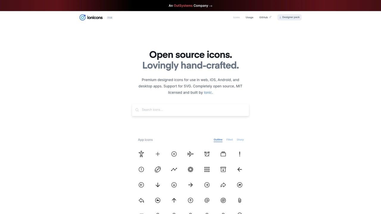 Screenshot of Ionicons website
