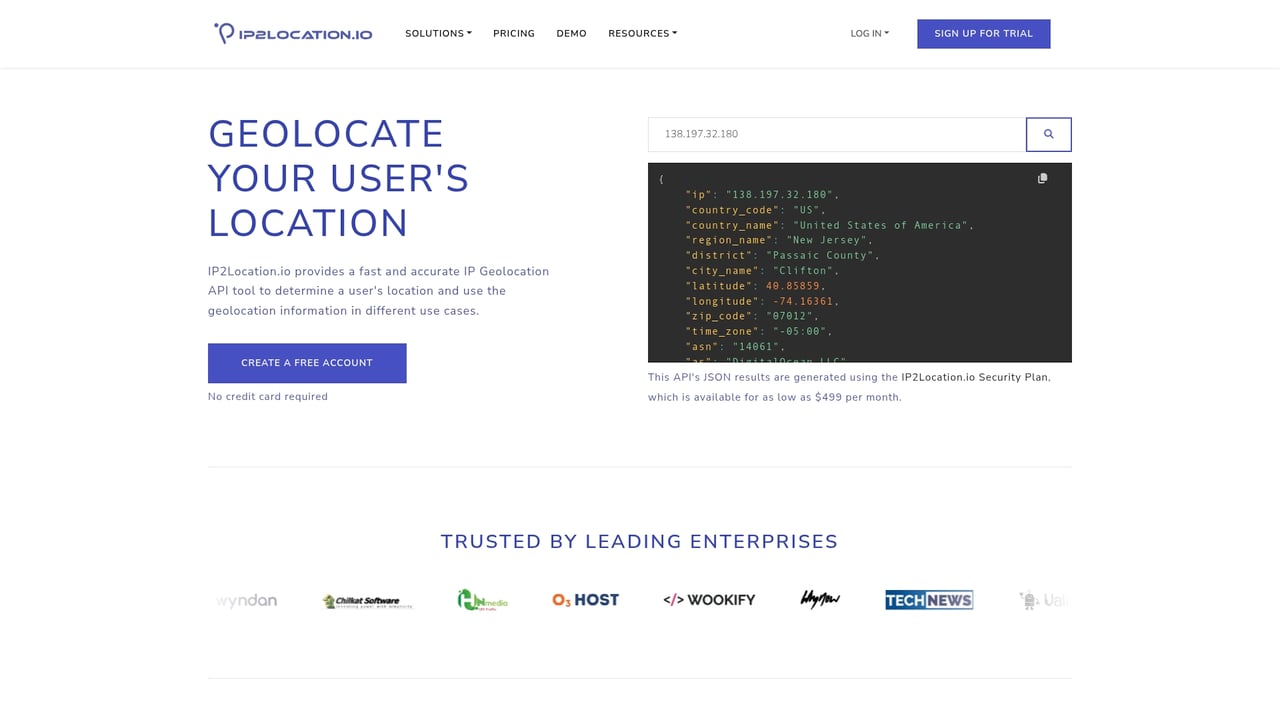 Screenshot of IP2Location.io website
