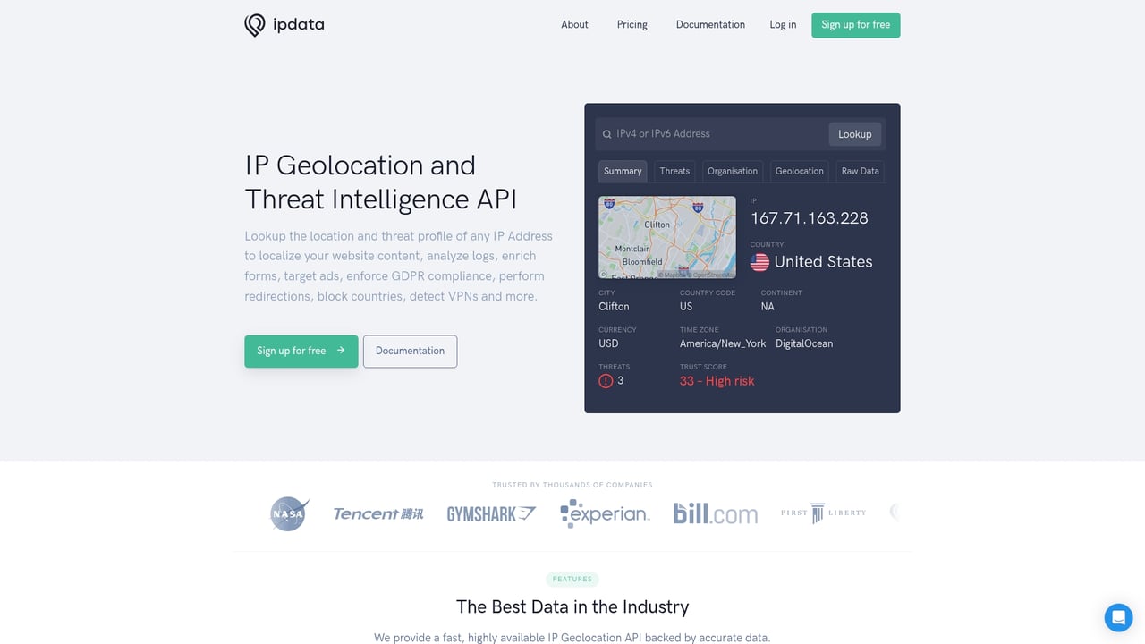 Screenshot of ipdata website