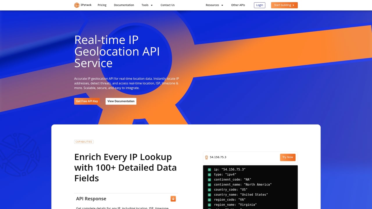 Screenshot of ipstack website
