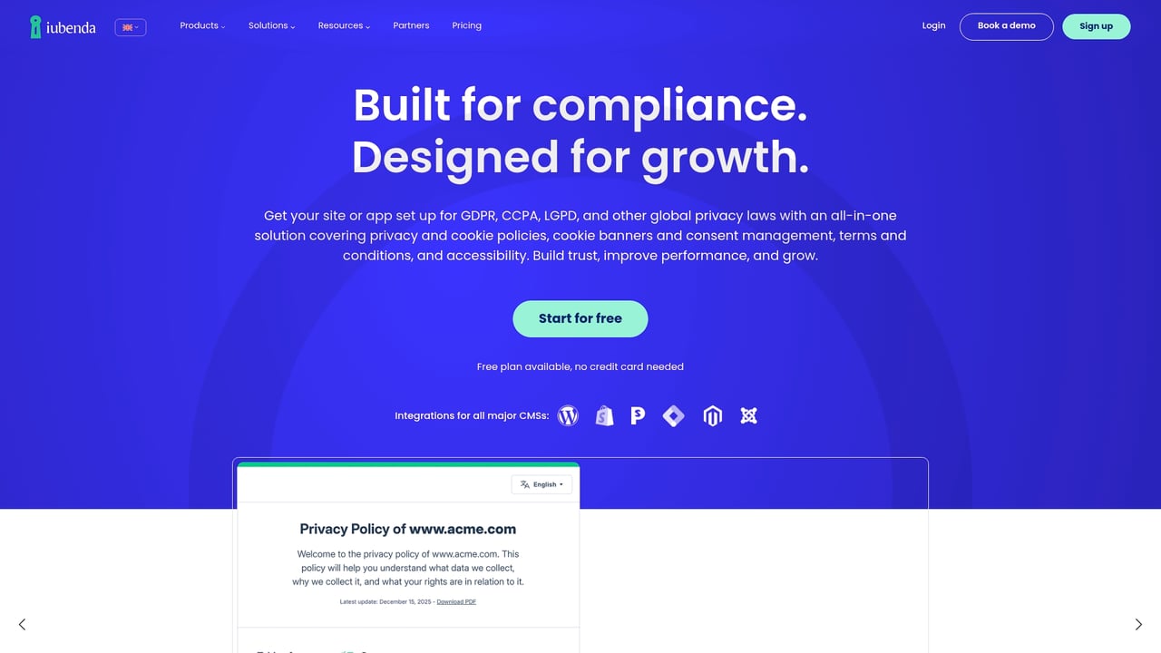 Screenshot of iubenda website