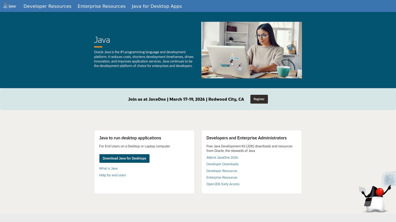 Screenshot of Java website