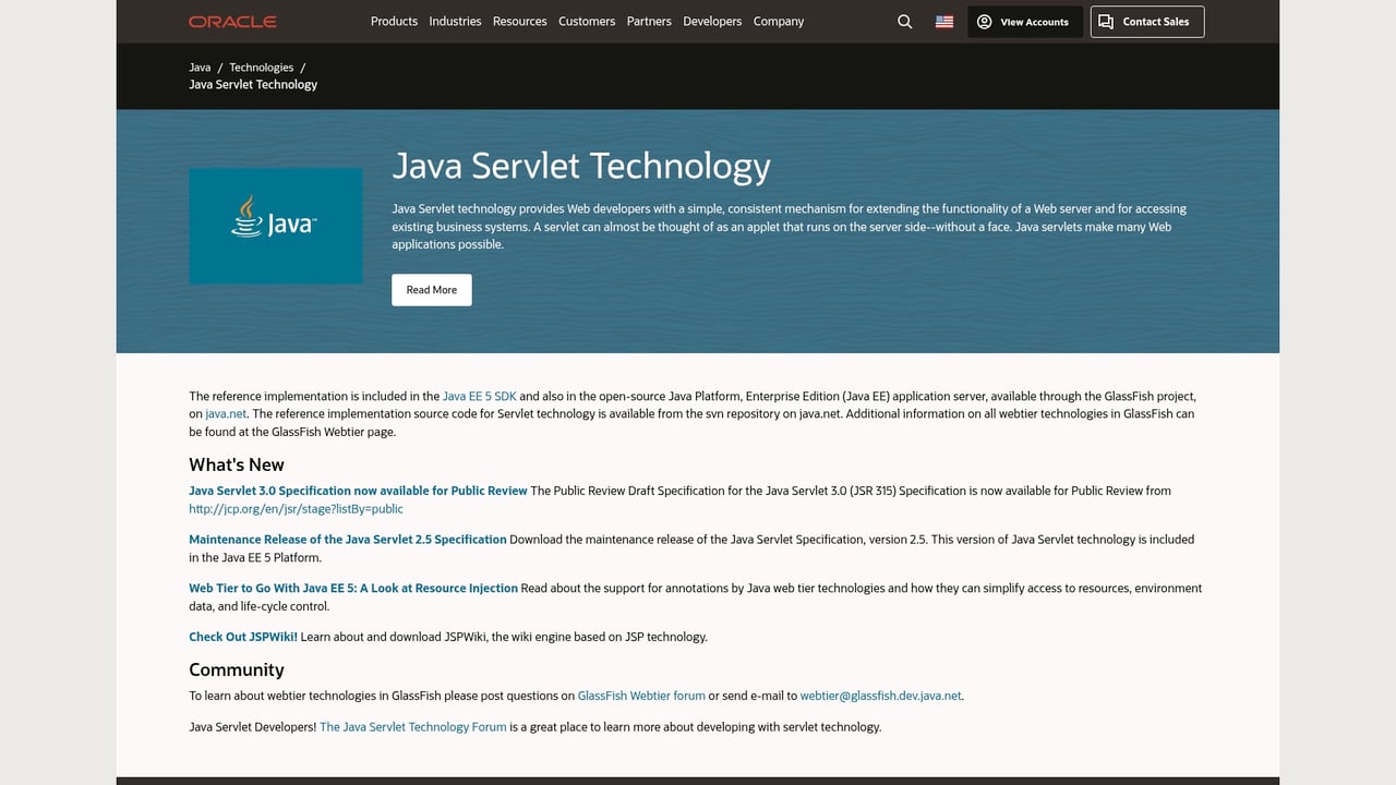 Screenshot of Java Servlet website