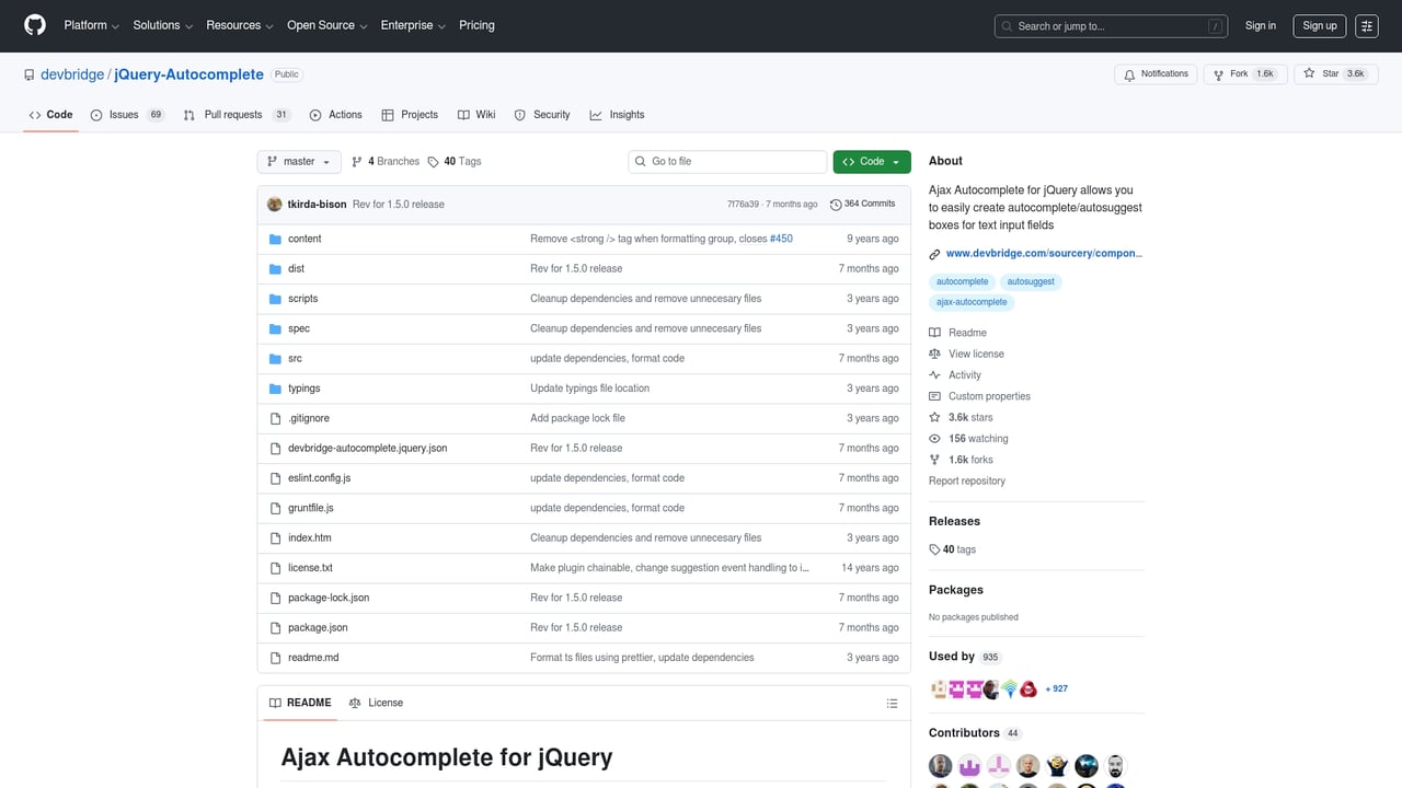 Screenshot of jQuery DevBridge Autocomplete website