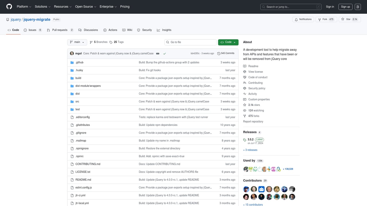 Screenshot of jQuery Migrate website