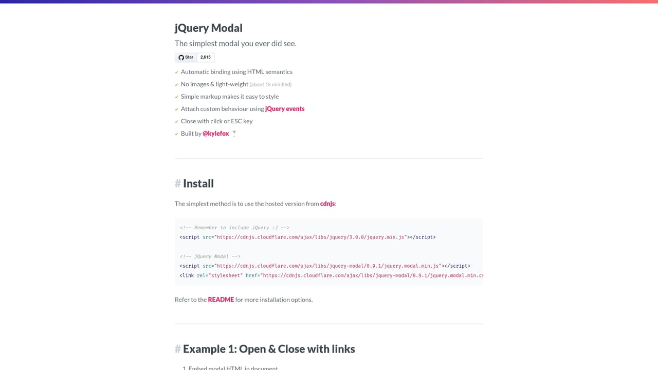 Screenshot of jQuery Modal website