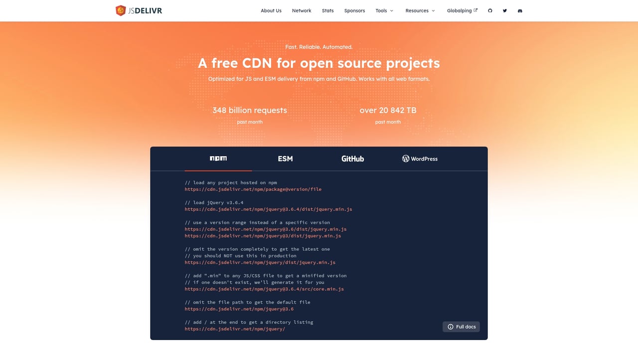 Screenshot of jsDelivr website