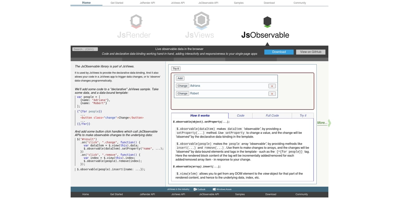 Screenshot of JsObservable website