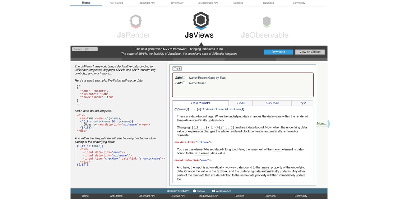 Screenshot of JsViews website