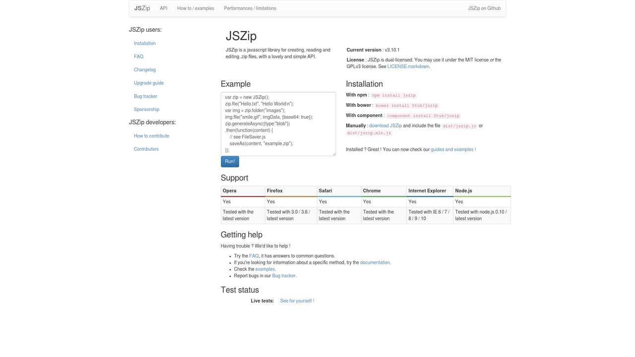 Screenshot of JSZip website