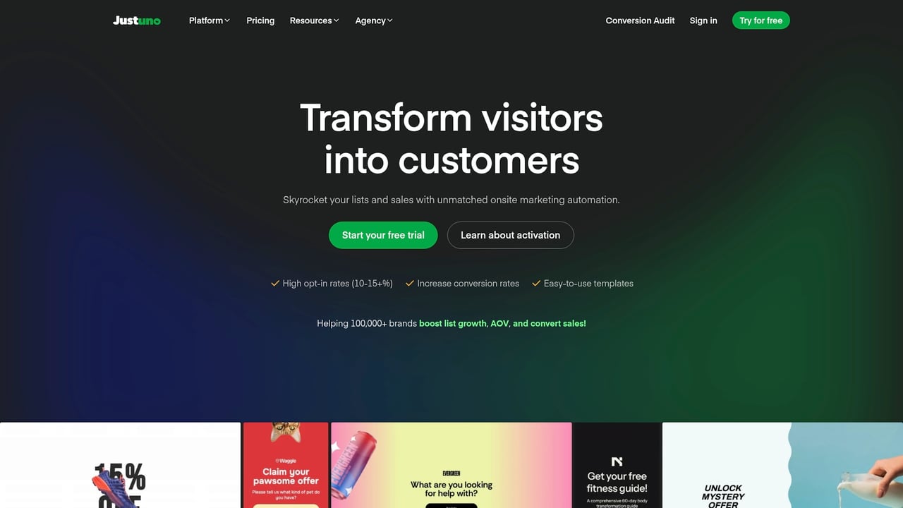 Screenshot of Justuno website