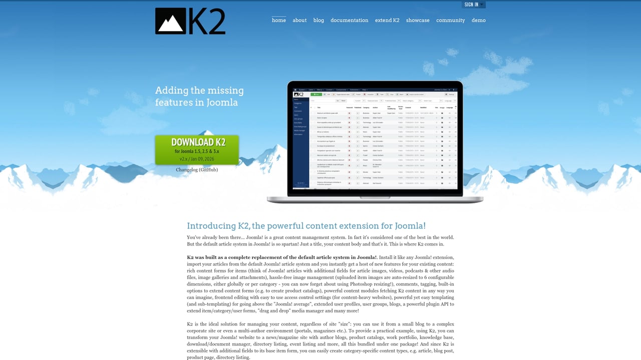 Screenshot of K2 website