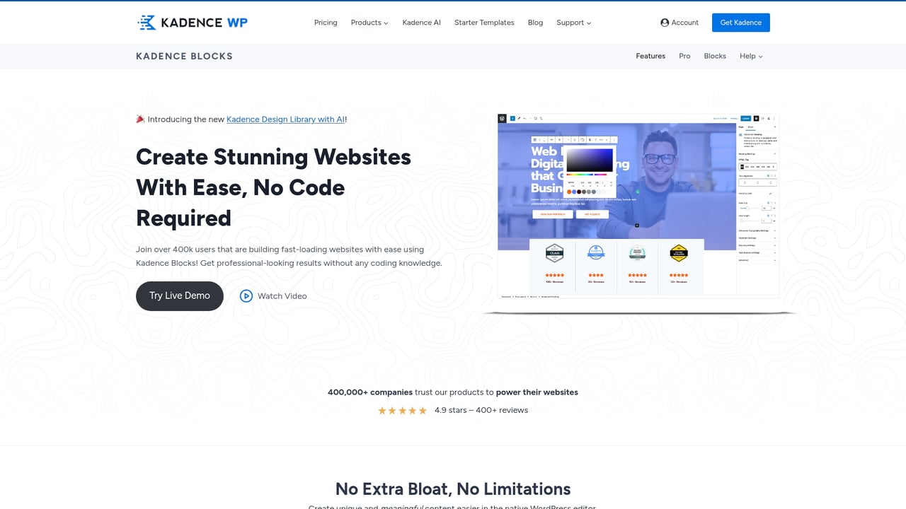 Screenshot of Kadence WP Blocks website