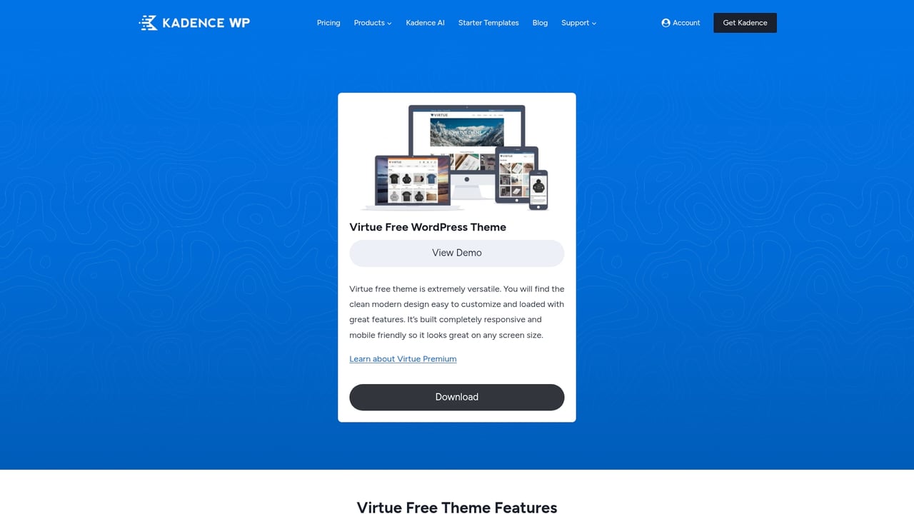 Screenshot of Kadence WP Virtue website