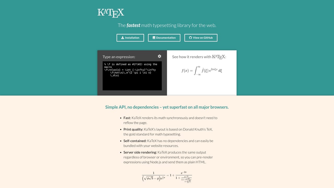 Screenshot of KaTeX website
