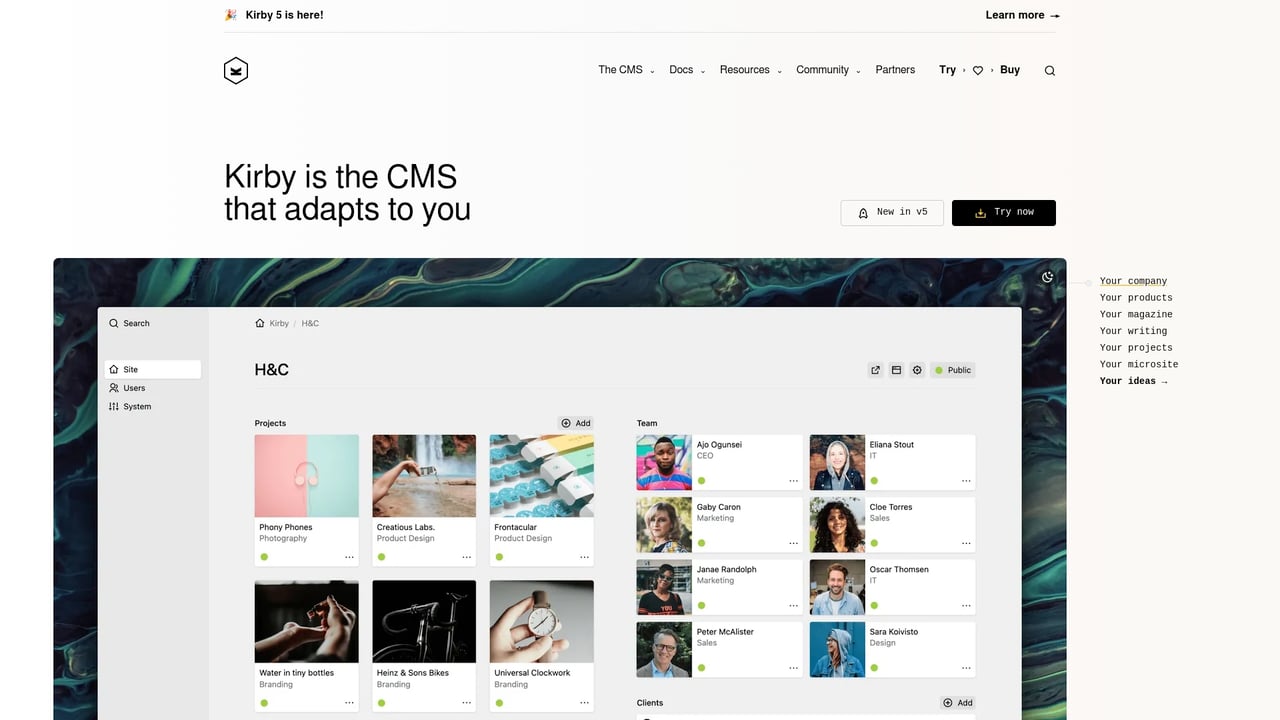 Screenshot of Kirby website